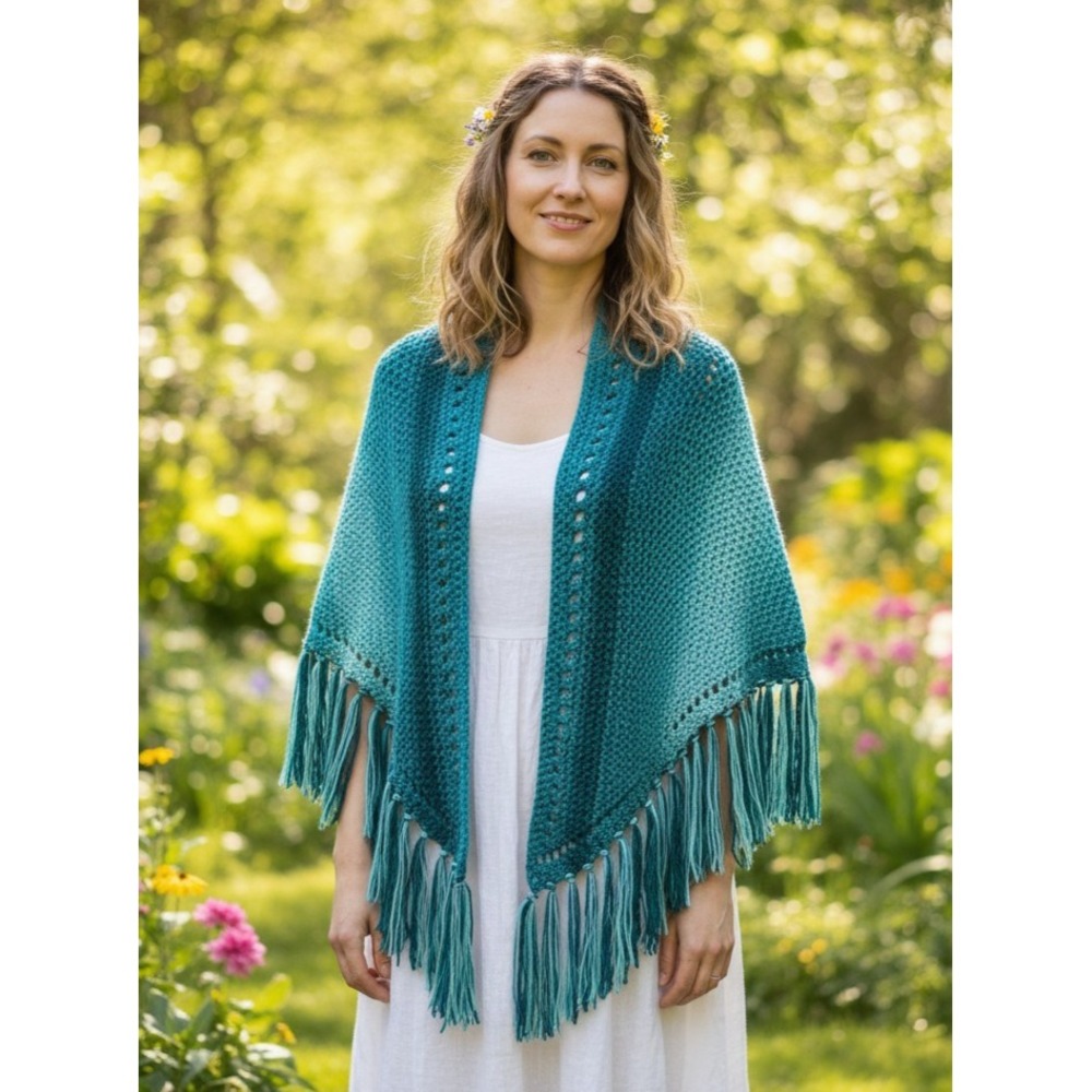NEW Teal Blue Ombre Hand Knitted Shawl Wrap Scarf‎ Boho Hippie Indie Cottage